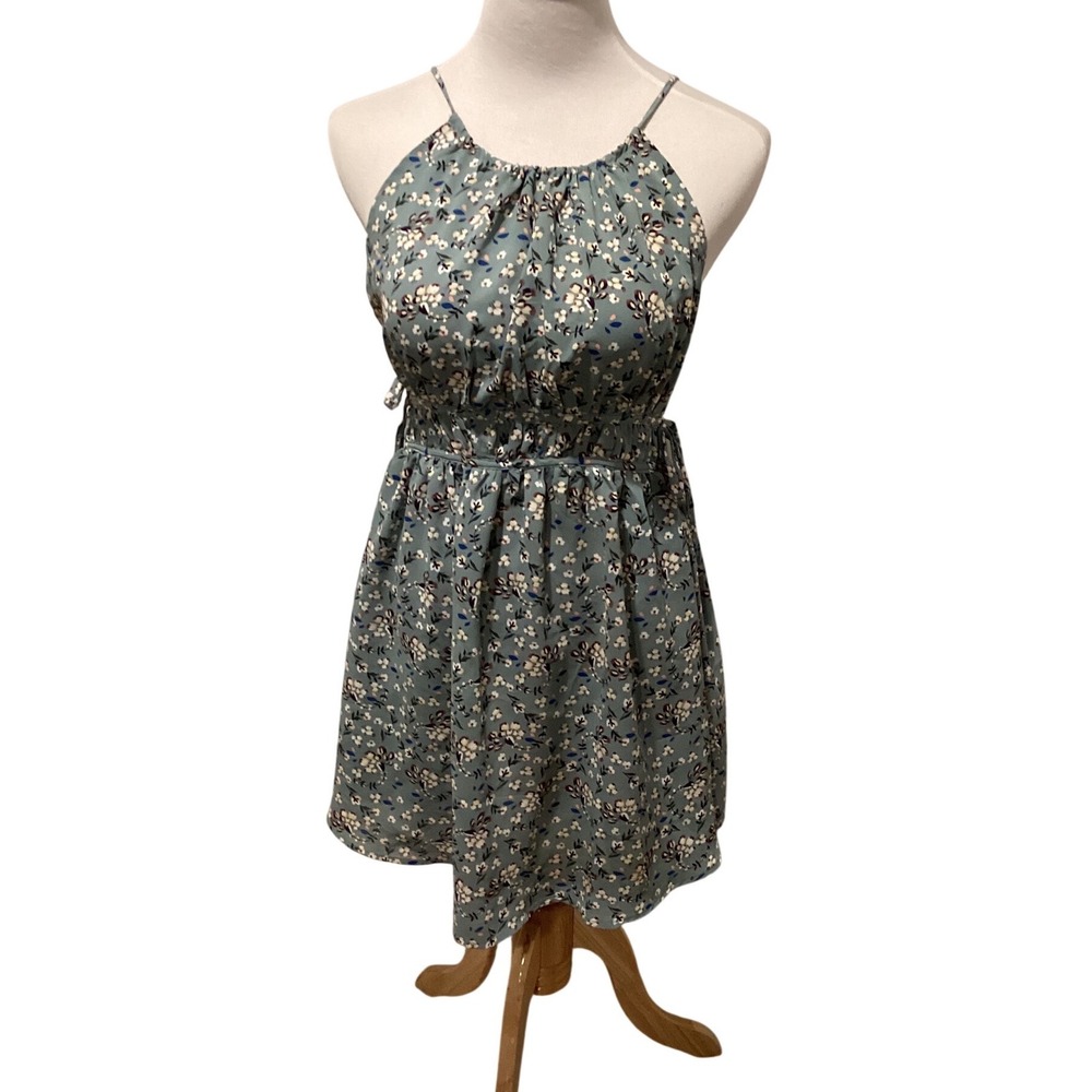 E.ssue Mini Dress Floral Print Sage Green Halter Neck Smocked Waist‎ Tie Back